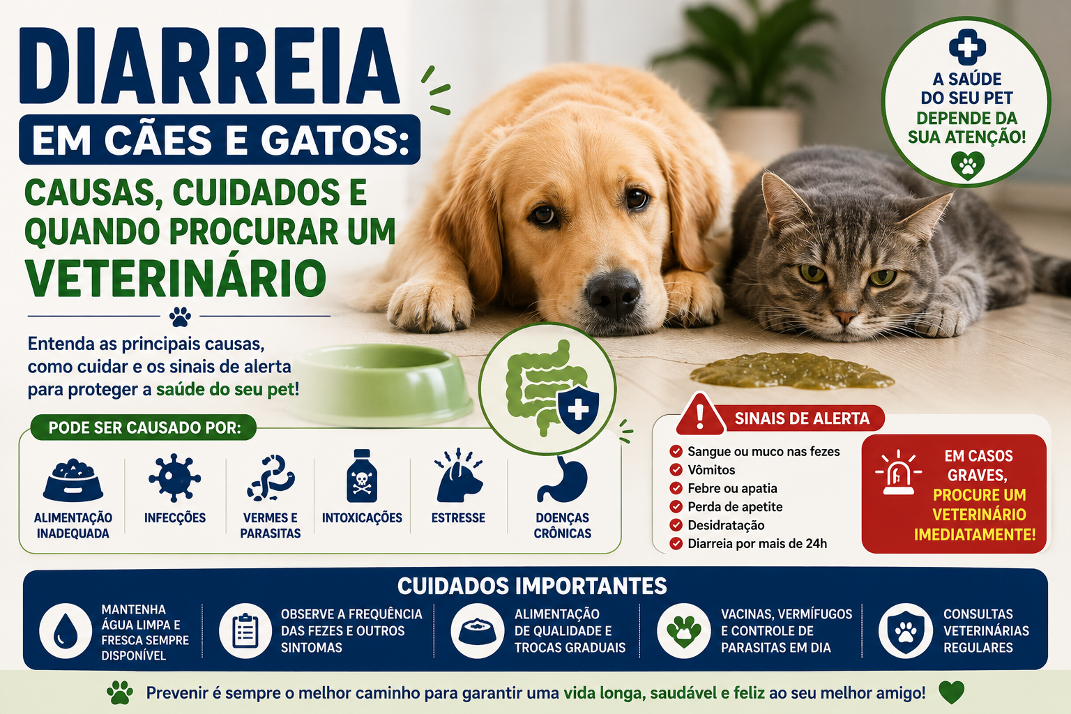 Saiba as principais causas de diarreia em cães e gatos, quando o problema pode ser grave e descubra quando procurar atendimento veterinário.