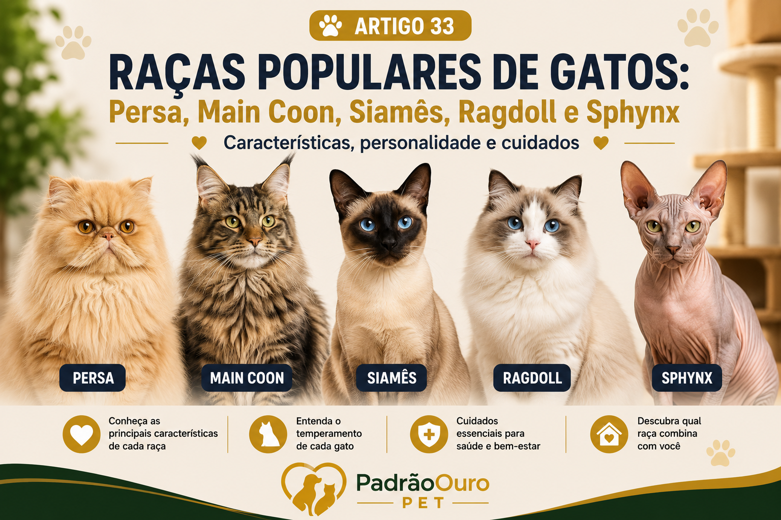 Conheça as características, personalidade, cuidados e curiosidades das cinco raças de gatos mais populares entre os tutores.