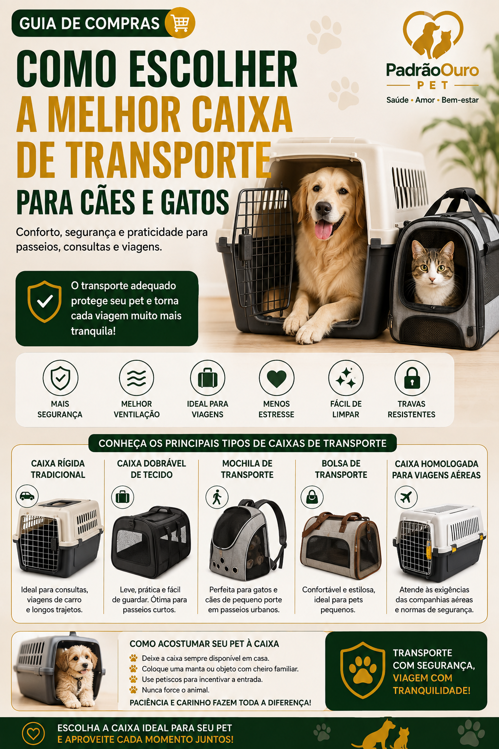 Aprenda como escolher a caixa de transporte ideal para cães e gatos. Veja os principais modelos, tamanhos, materiais e dicas de segurança para passeios e viagens.