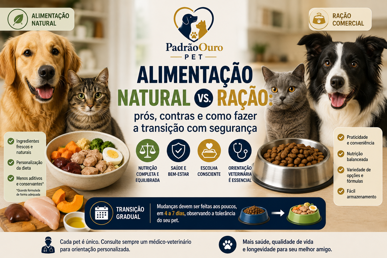 Alimentação natural ou ração? Conheça os prós e contras, os riscos das dietas caseiras e veja como fazer a transição alimentar com segurança.