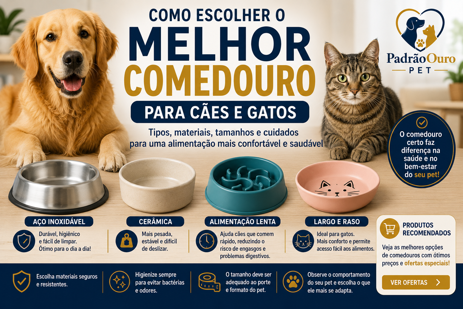 Descubra como escolher o melhor comedouro para cães e gatos. Veja materiais, tamanhos, modelos, higiene, comedouro lento e cuidados com modelos elevados.