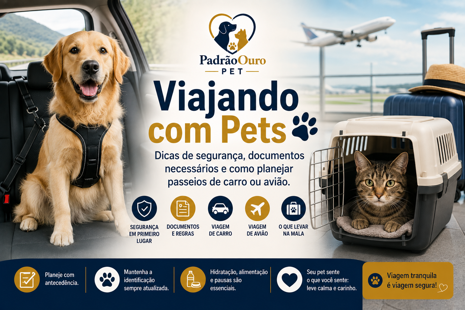 Vai viajar com seu pet? Veja dicas de segurança, documentos, caixa de transporte e cuidados para viagens de carro ou avião com cães e gatos.