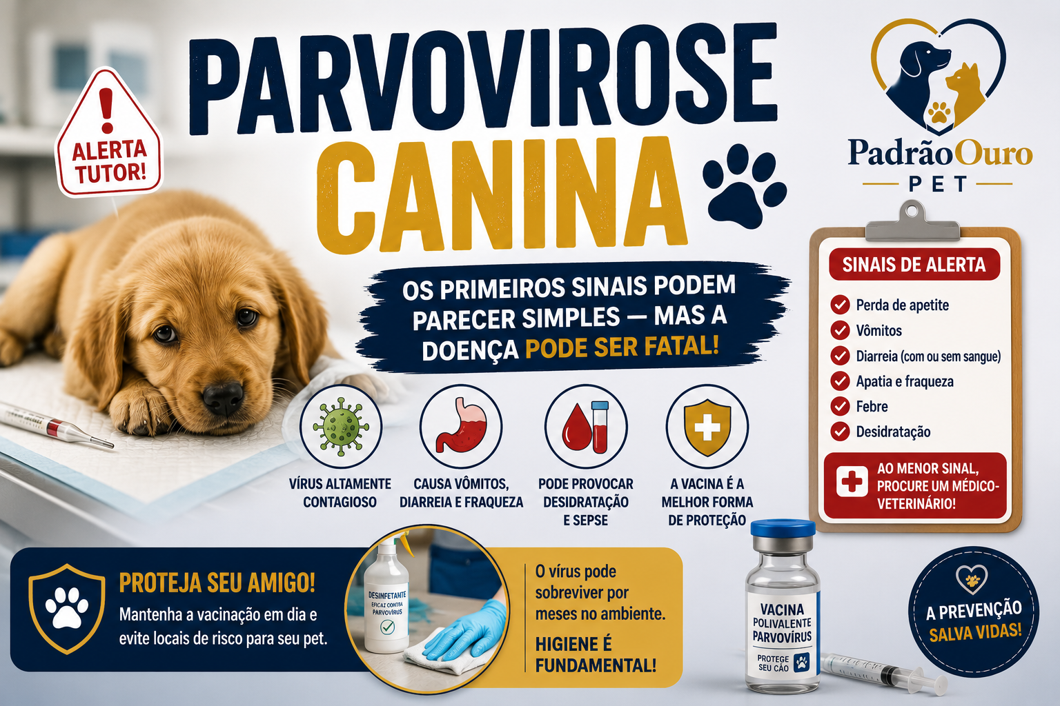 Parvovirose canina pode ser fatal. Conheça os primeiros sinais, formas de transmissão, diagnóstico, tratamento e como proteger seu cachorro.