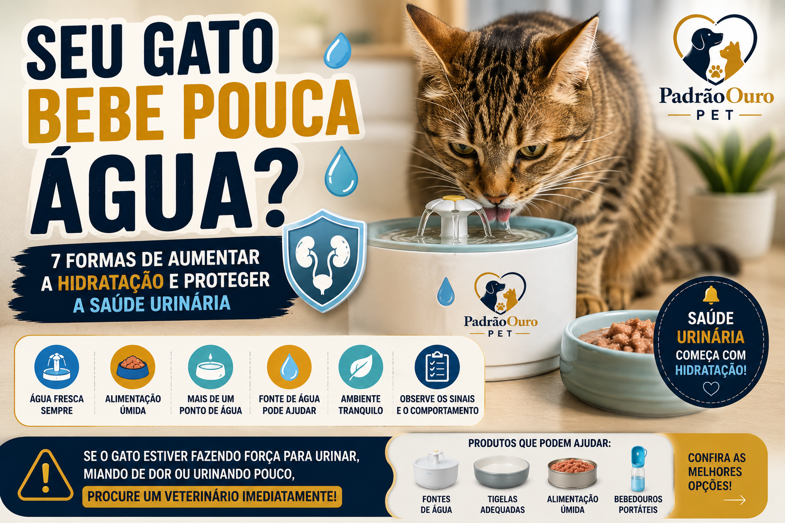 Seu gato bebe pouca água? Descubra 7 formas de aumentar a hidratação e proteger a saúde urinária, além dos sinais que exigem atendimento veterinário.