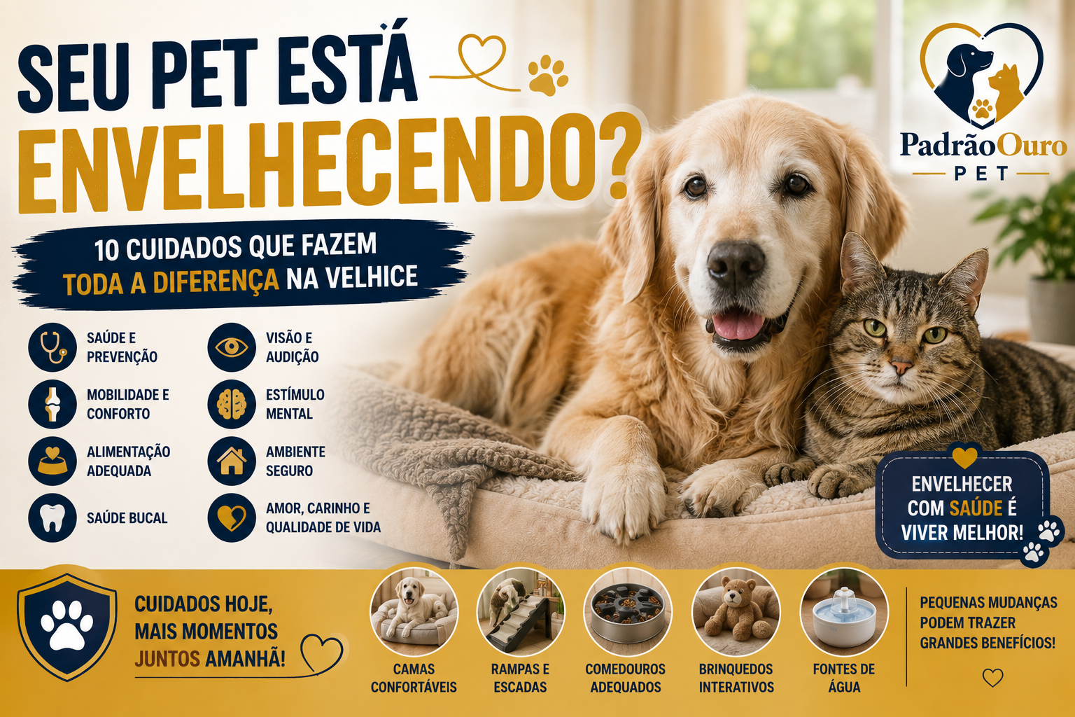 Seu pet está envelhecendo? Veja 10 cuidados essenciais para cães e gatos idosos e saiba quais mudanças não devem ser atribuídas apenas à idade.