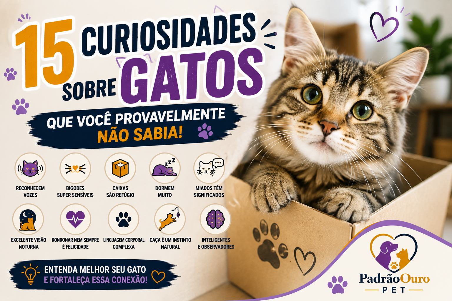 Descubra 15 curiosidades sobre gatos e entenda melhor o ronronar, os miados, os bigodes, as caixas, o sono e o comportamento felino.