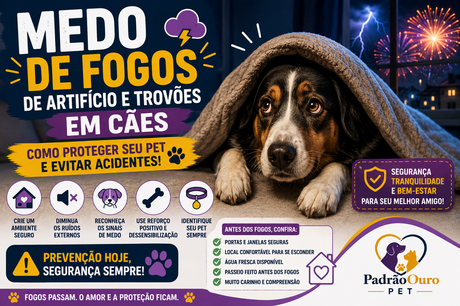 Seu cachorro tem medo de fogos ou trovões? Veja os sinais, como proteger seu pet, evitar fugas e quando procurar ajuda veterinária.