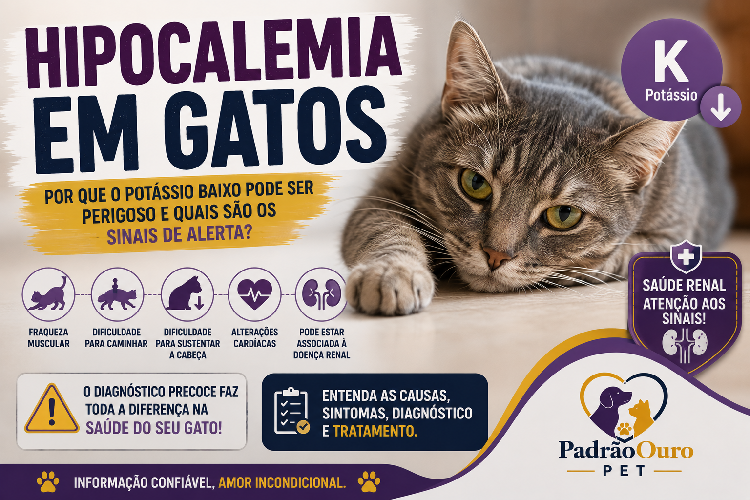 Hipocalemia em gatos pode causar fraqueza e alterações musculares. Entenda as causas, sintomas, diagnóstico, tratamento e relação com doença renal.