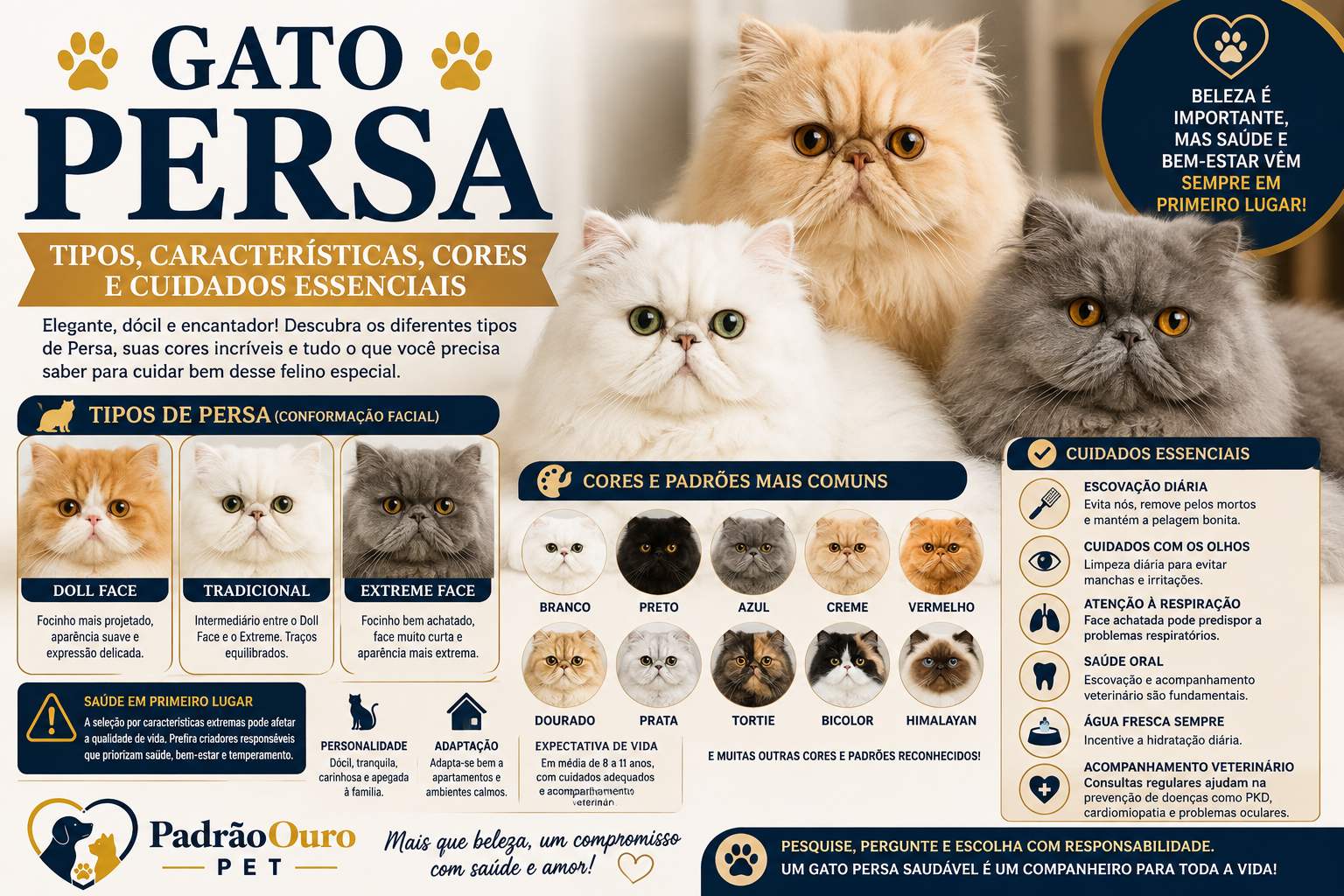 Conheça os tipos de gatos Persas, diferenças de aparência, cores, cuidados, problemas de saúde e como escolher um Persa com responsabilidade.