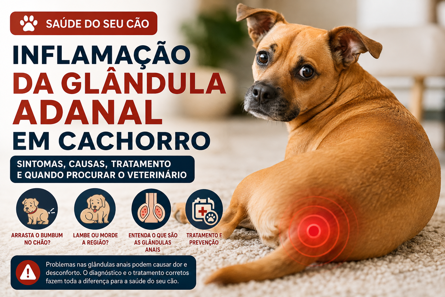 Entenda a inflamação da glândula adanal em cachorro, conheça os principais sintomas, causas, tratamento e saiba quando o problema exige atendimento veterinário
