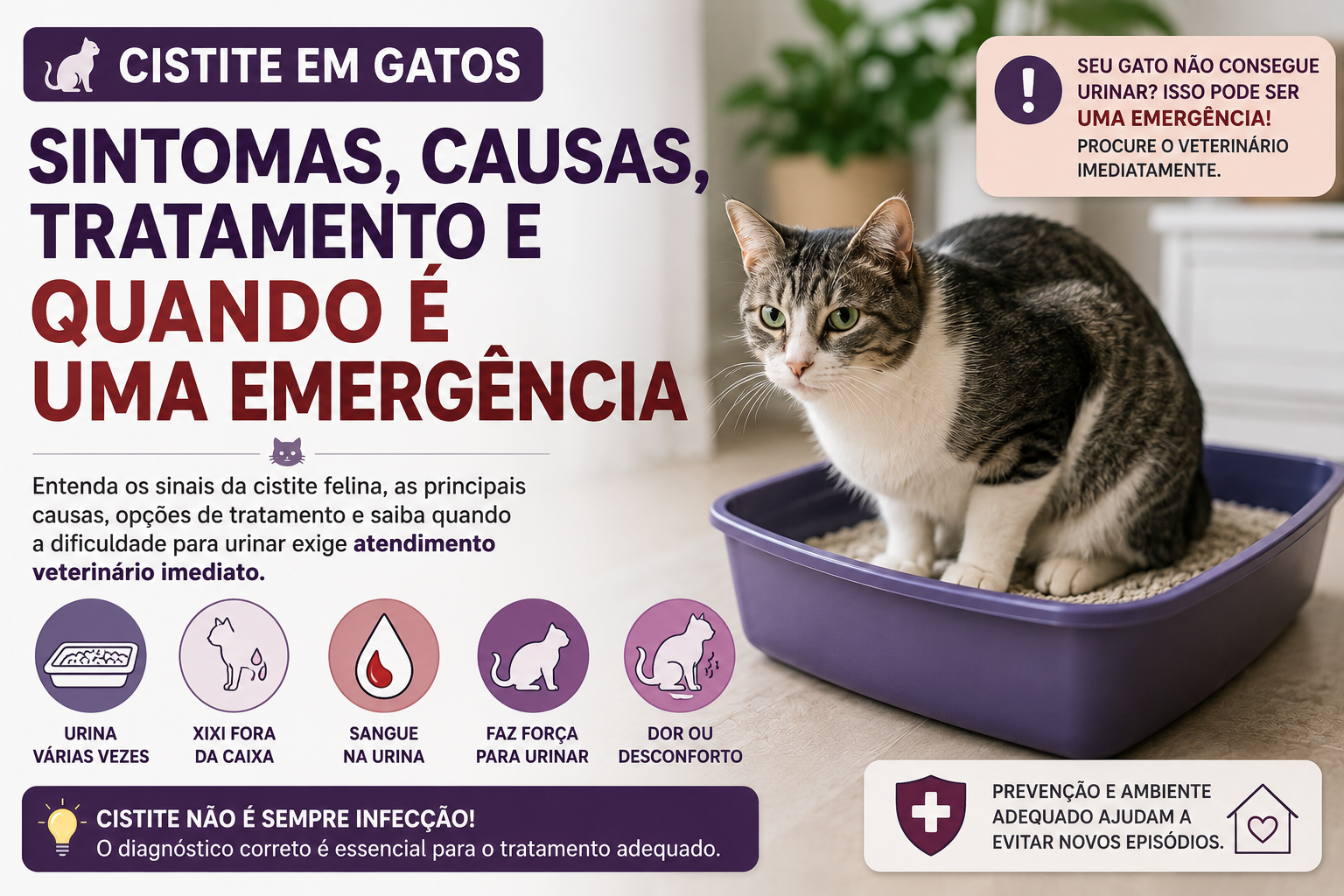 Entenda a cistite em gatos, conheça os principais sintomas, causas, tratamento e saiba quando a dificuldade para urinar pode ser uma emergência.