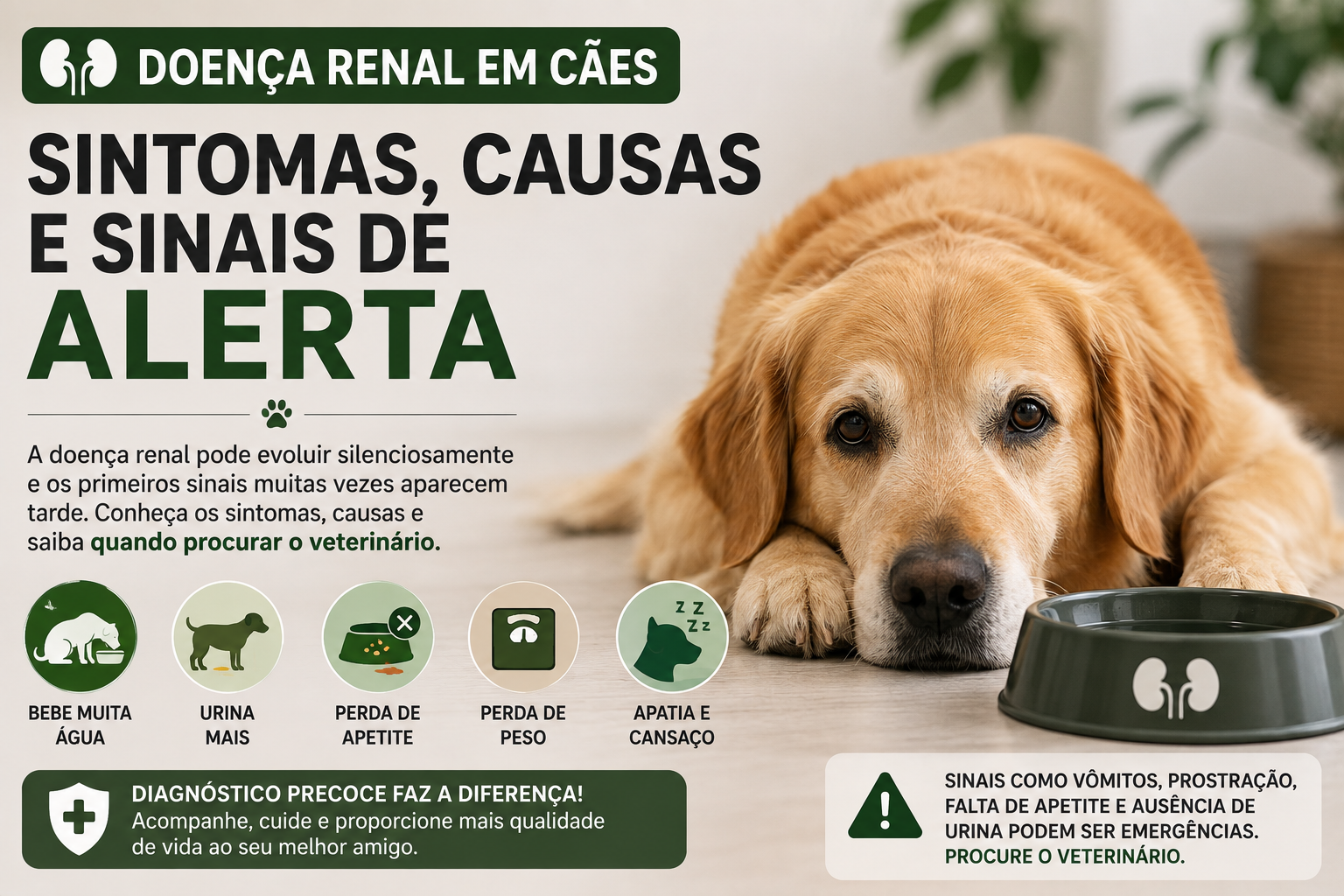 Conheça os principais sintomas da doença renal em cães, suas causas, exames, sinais de alerta e saiba quando procurar um médico-veterinário.