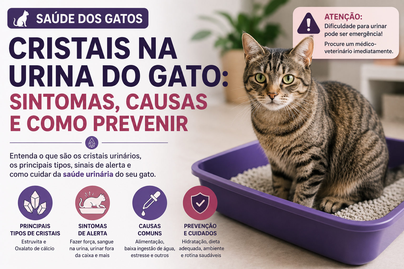 Entenda o que significam cristais na urina do gato, conheça os principais tipos, sintomas, causas, tratamento e como reduzir o risco de problemas urinários.