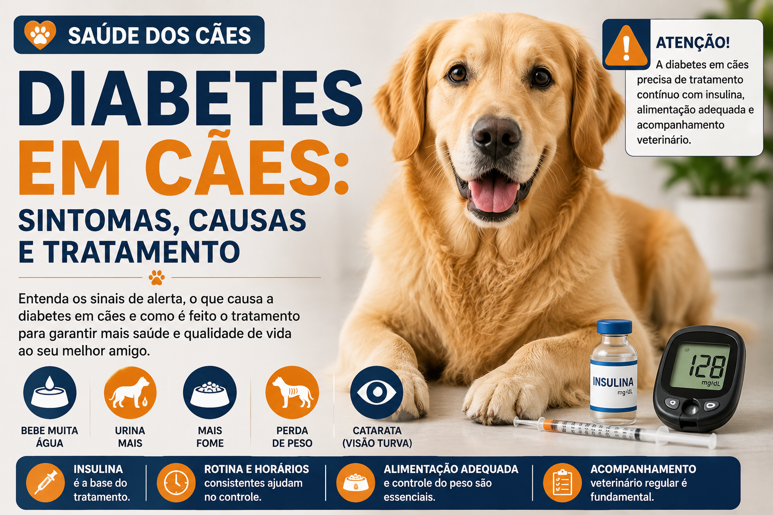 Saiba quais são os sintomas de diabetes em cães, suas principais causas, como é feito o diagnóstico, tratamento com insulina e cuidados diários.