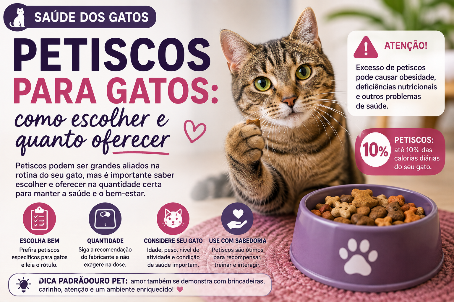 Saiba como escolher petiscos para gatos, quanto oferecer por dia, quais alimentos evitar e como usar petiscos sem prejudicar a alimentação e o peso do seu gato.