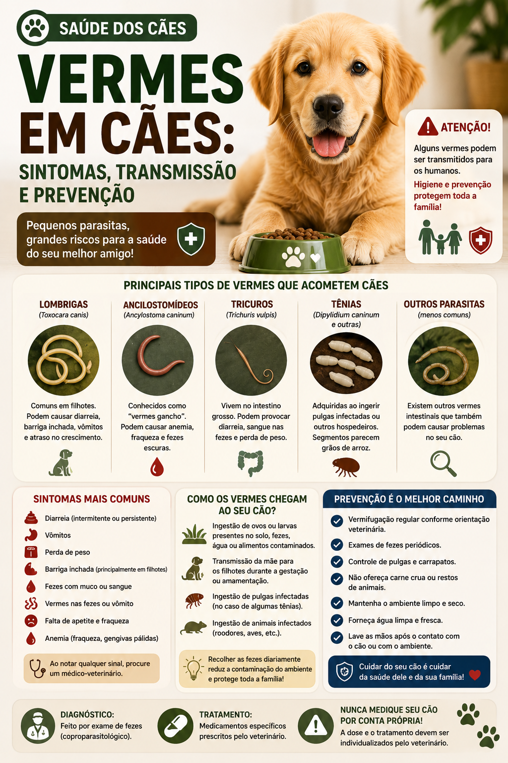 Vermes em cães podem causar diarreia, perda de peso, anemia e outros problemas. Conheça os principais parasitas, transmissão, sintomas e prevenção.