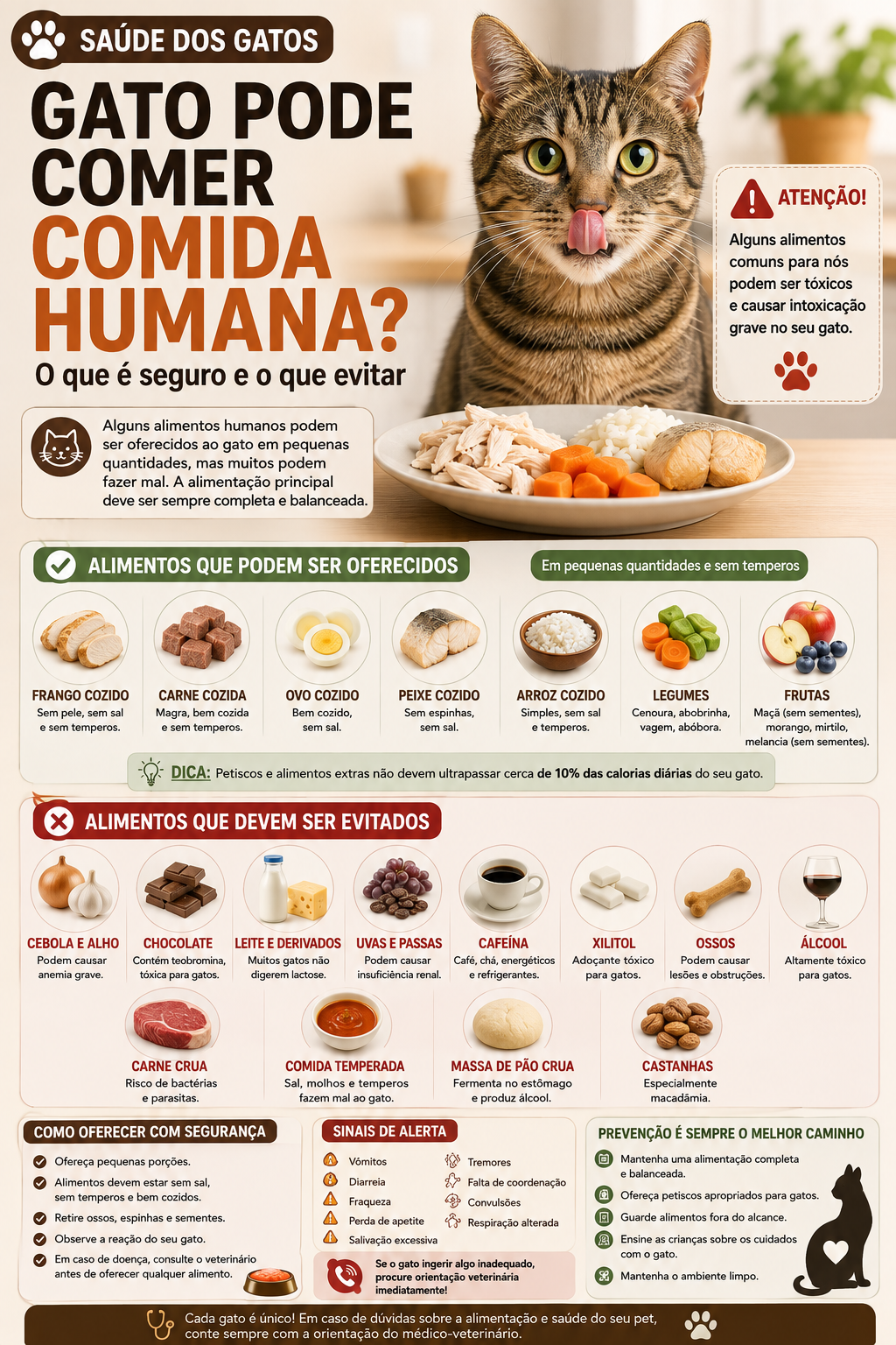 Gato pode comer comida humana? Veja quais alimentos podem ser oferecidos ocasionalmente, quais devem ser evitados e como proteger seu gato de intoxicações.