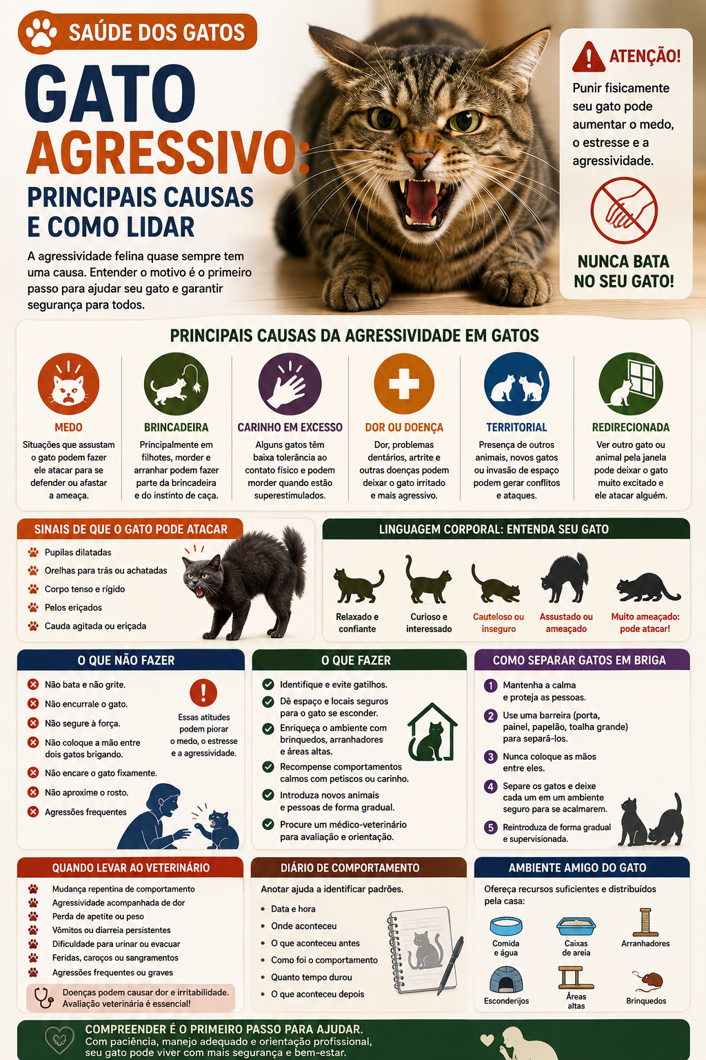 Seu gato está agressivo? Conheça as principais causas, os sinais de medo e estresse e saiba como agir com segurança sem aumentar a agressividade.