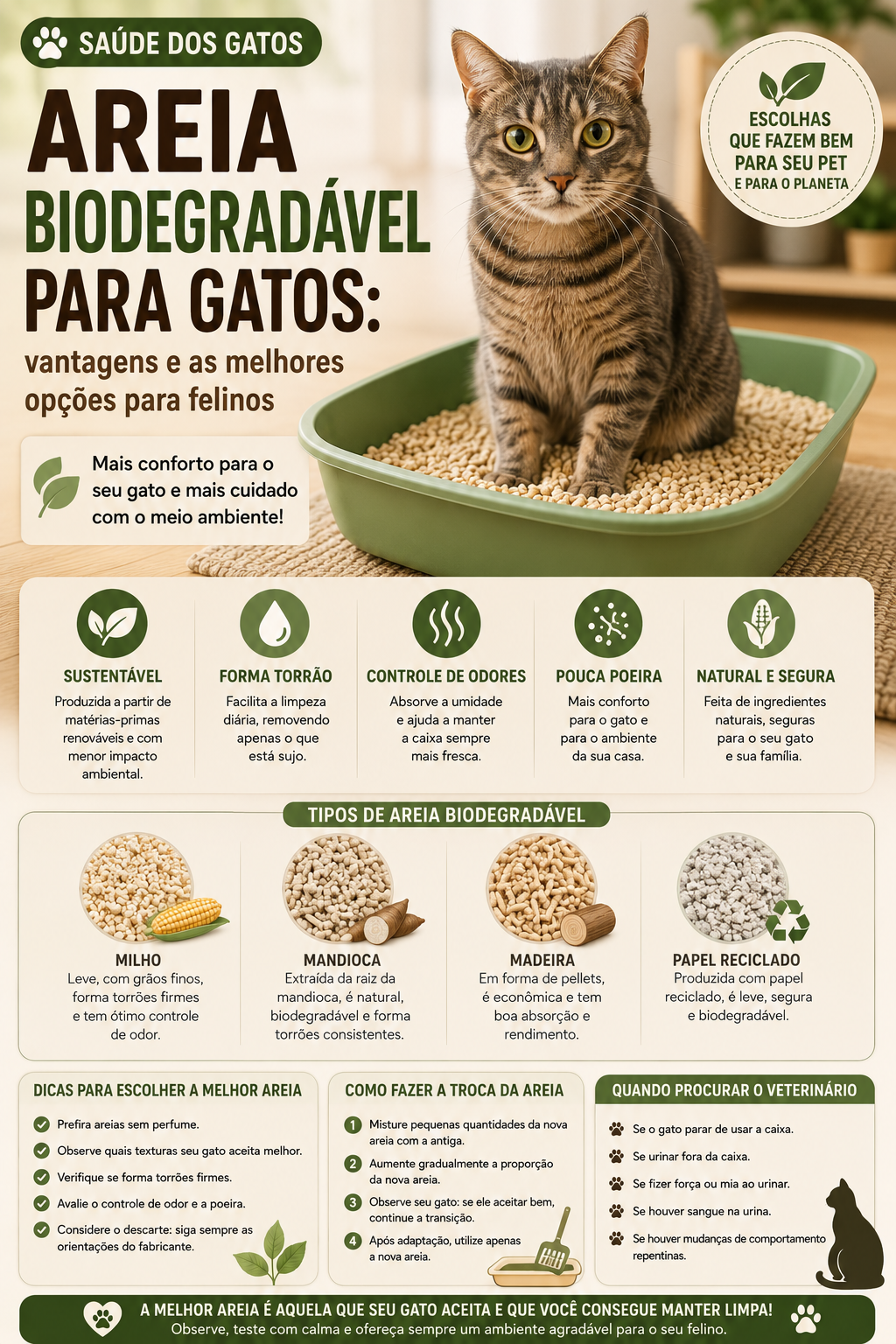 Descubra as vantagens da areia biodegradável para gatos, os principais tipos, como escolher, como fazer a troca e quais cuidados observar para evitar rejeição da caixa.