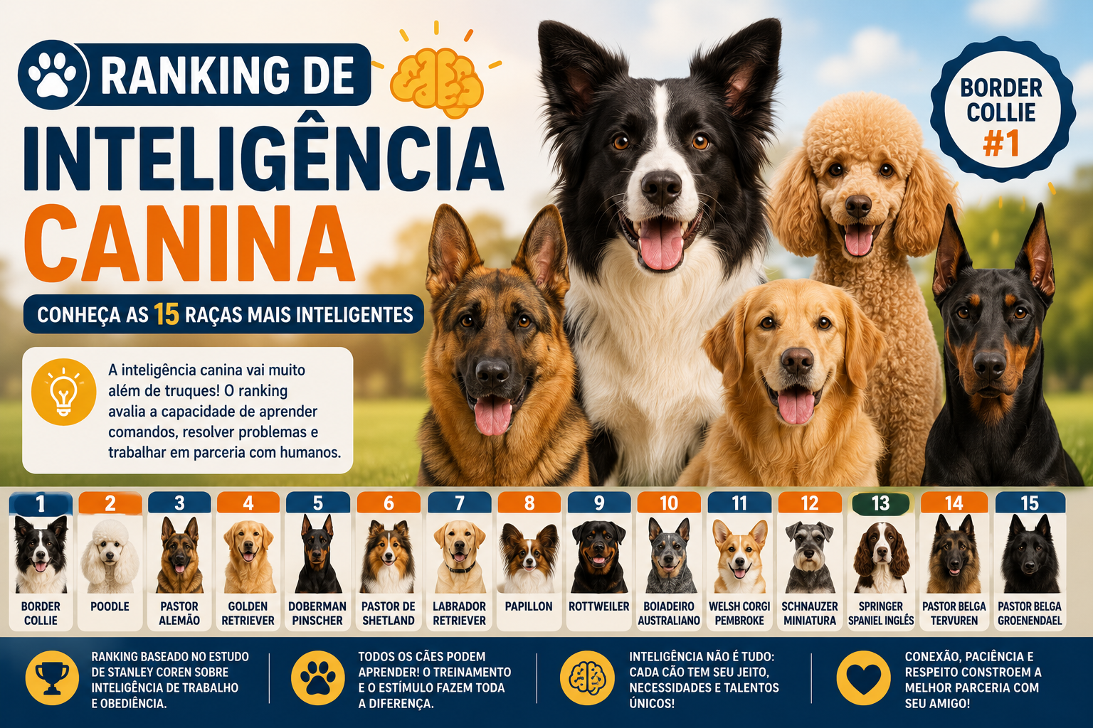 Conheça as 15 raças que aparecem no ranking de inteligência canina e entenda o que realmente significa um cachorro ser considerado inteligente.