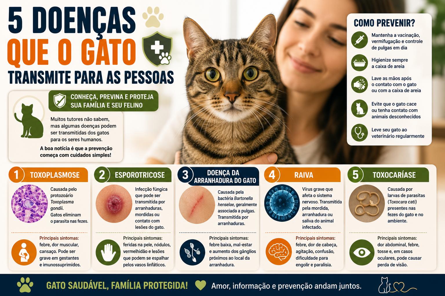 Conheça 5 doenças que podem ser transmitidas por gatos às pessoas, como toxoplasmose, esporotricose e raiva, além dos principais cuidados para prevenção.
