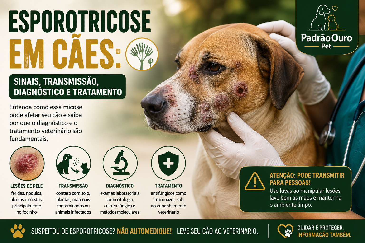 Conheça os sintomas da esporotricose em cães, como ocorre a transmissão, como é feito o diagnóstico e por que o tratamento veterinário é fundamental.