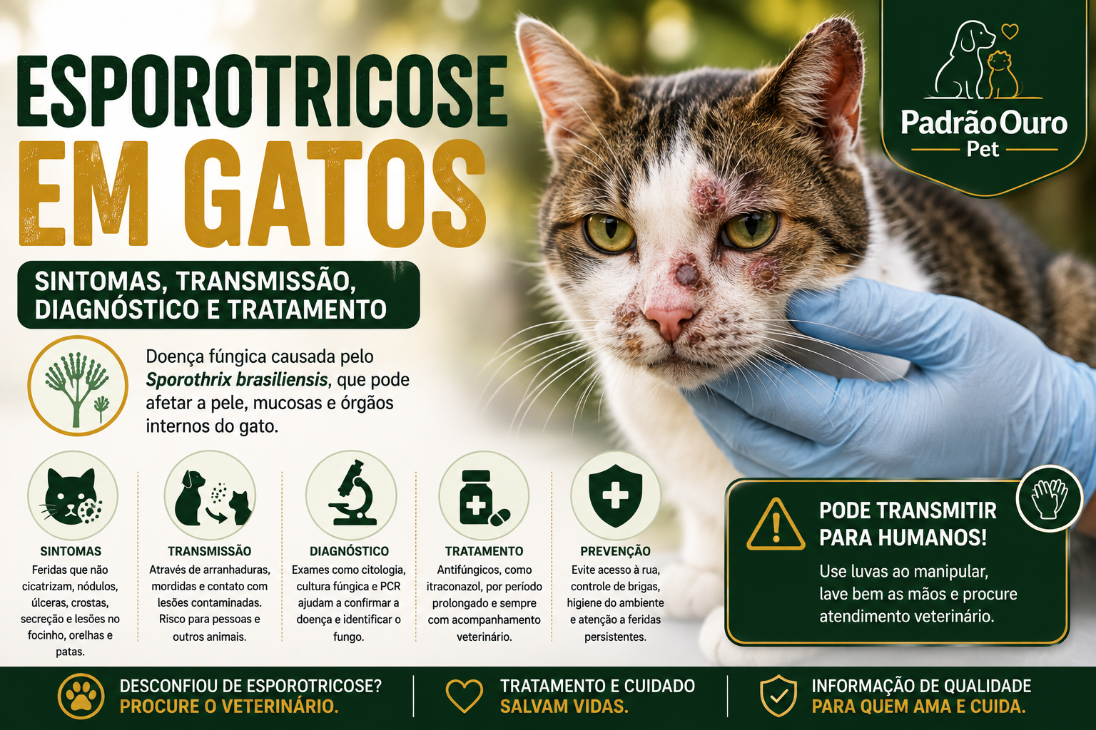 Entenda a esporotricose em gatos, reconheça os principais sintomas, saiba como ocorre a transmissão e por que o diagnóstico e tratamento veterinário são essenciais.