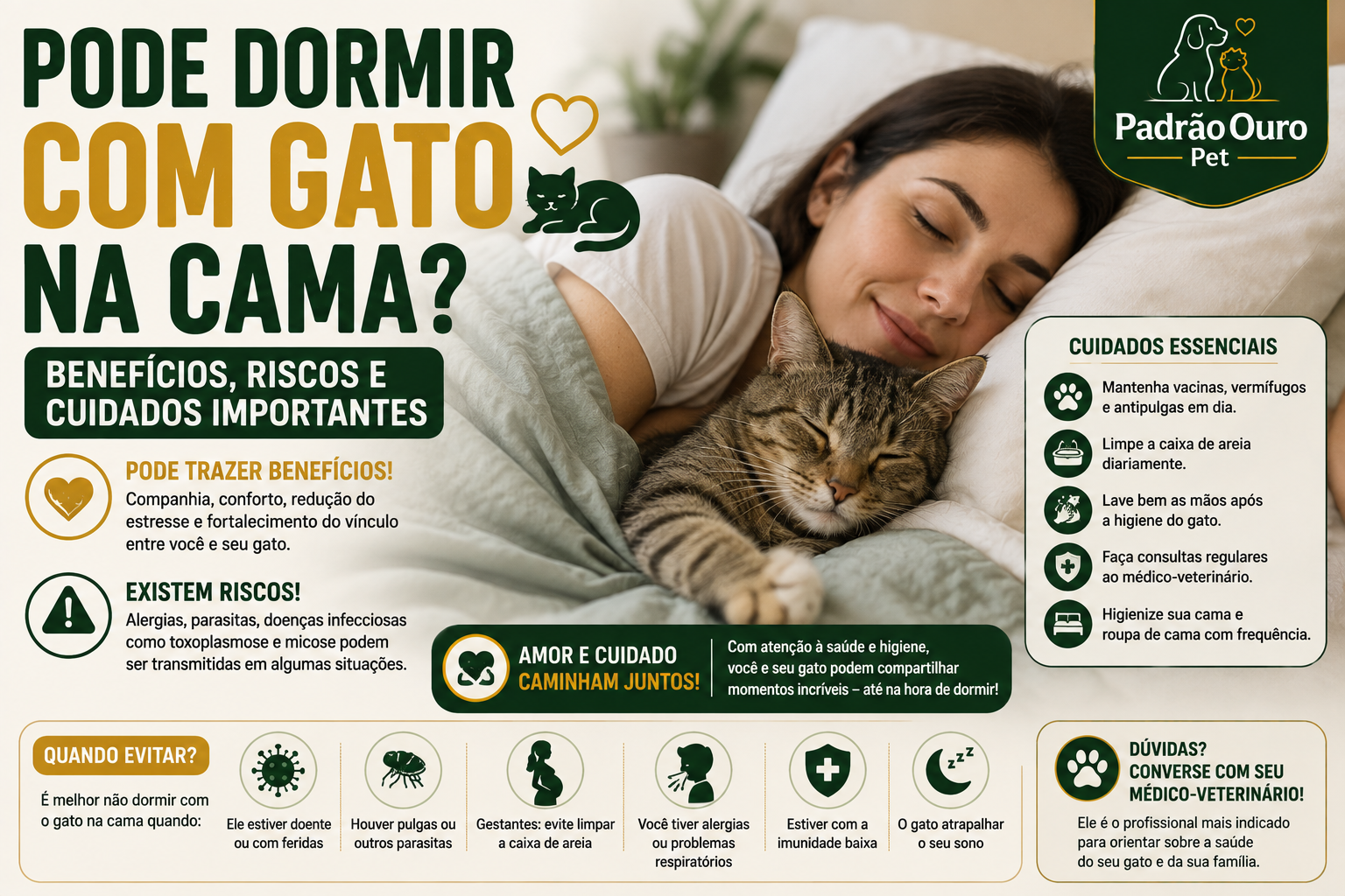 ode dormir com gato na cama? Saiba quais são os benefícios, possíveis riscos, cuidados com higiene, alergias, parasitas e quando é melhor evitar.