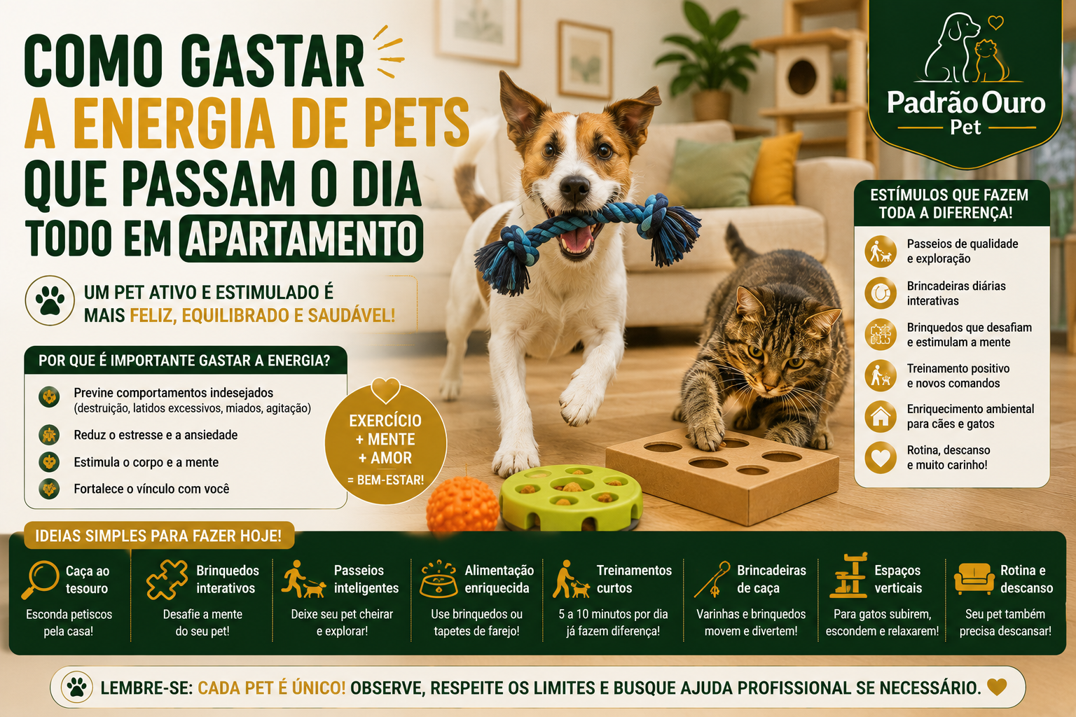 Seu pet passa o dia no apartamento? Veja como gastar energia com passeios, brincadeiras, treinamento e enriquecimento ambiental para cães e gatos.