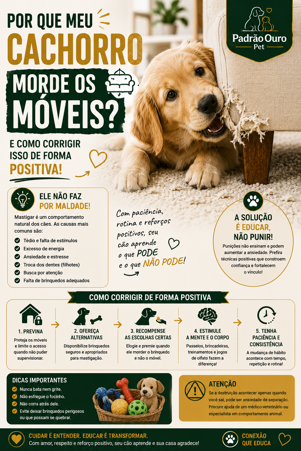 Seu cachorro morde os móveis? Descubra por que isso acontece e aprenda estratégias positivas para reduzir o comportamento sem punições.