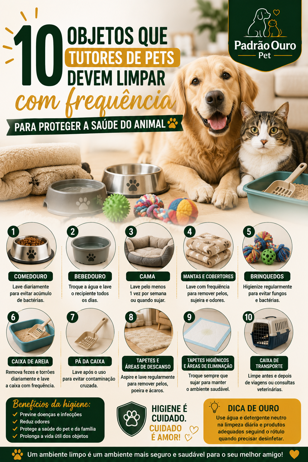 Descubra 10 objetos dos cães e gatos que precisam de limpeza frequente e veja como uma boa higiene ajuda a proteger a saúde dos pets e da família.