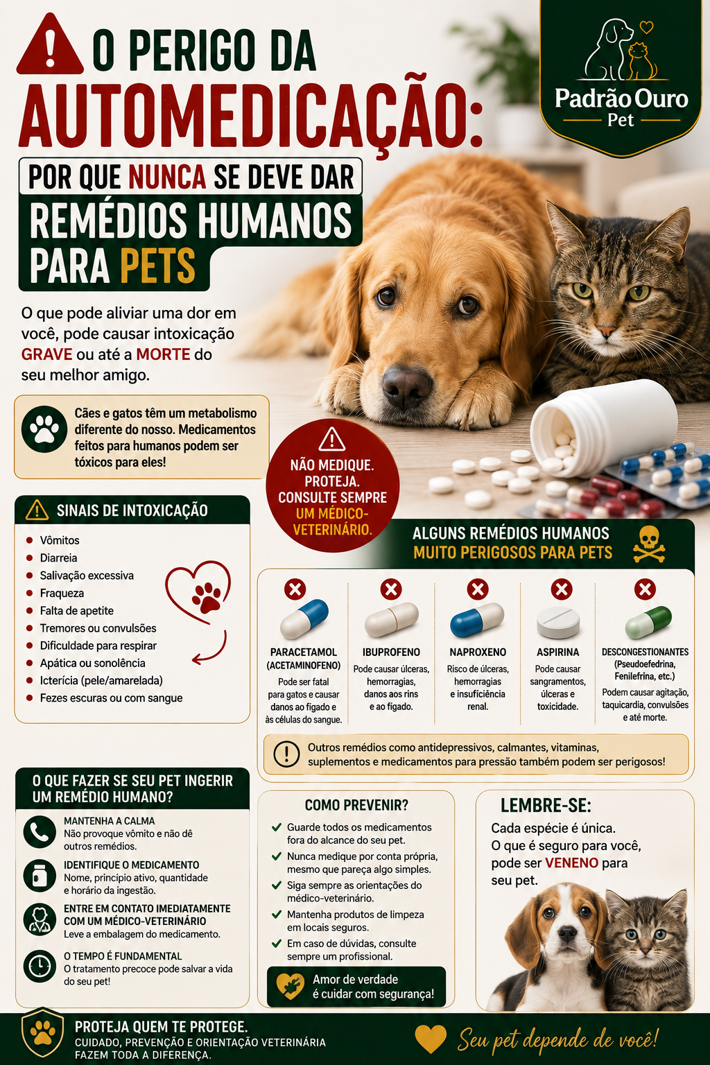 Dar remédios humanos para cães e gatos pode causar intoxicação grave. Saiba quais medicamentos são perigosos e o que fazer se seu pet ingerir um.