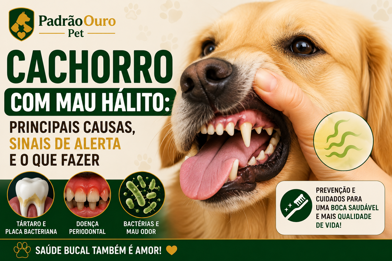 Cachorro com mau hálito? Entenda as principais causas, os sinais de alerta, a relação com tártaro e doença periodontal e como prevenir.