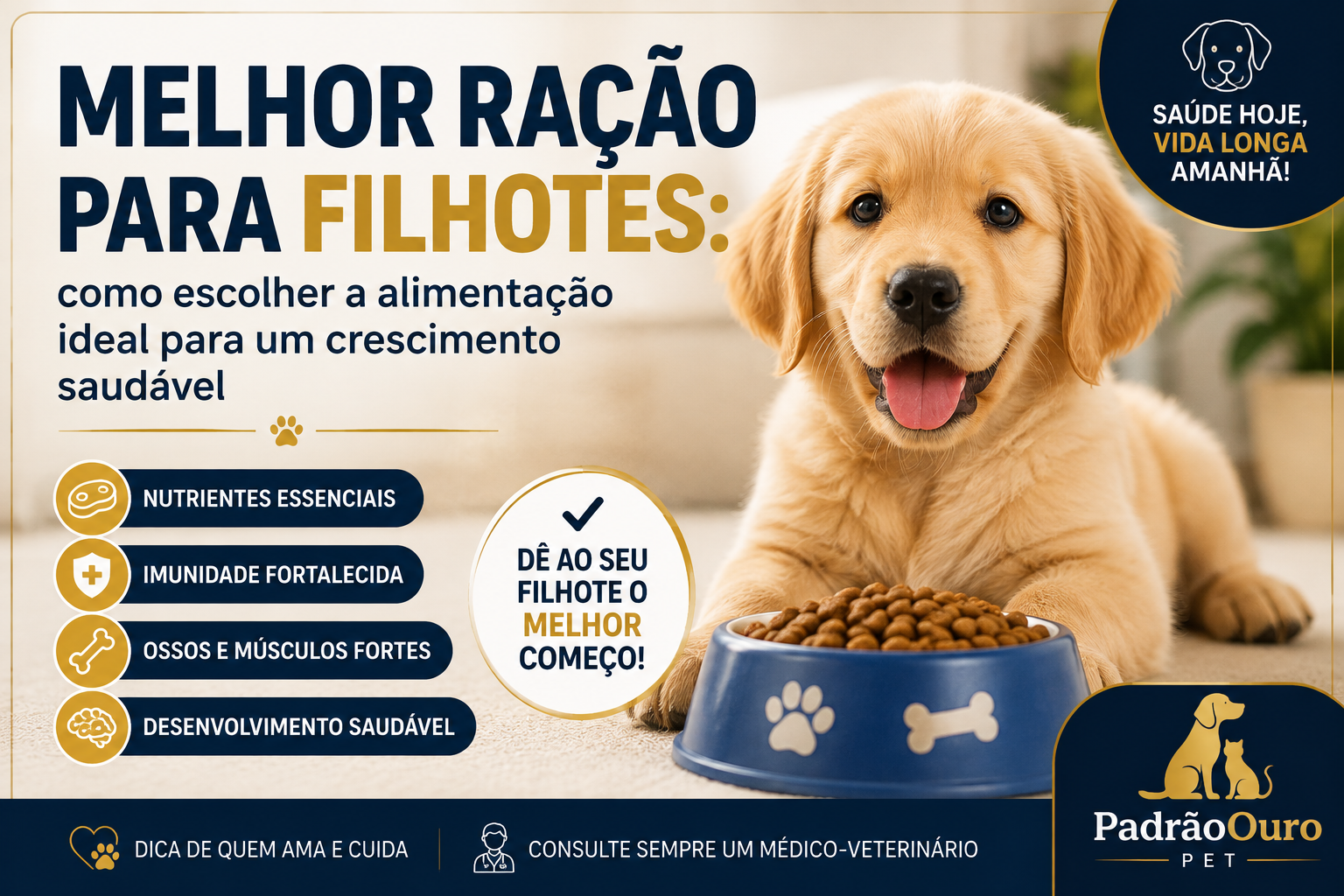 Descubra como escolher a melhor ração para filhotes, conheça os nutrientes essenciais para um crescimento saudável e saiba quando trocar para a ração de adultos.