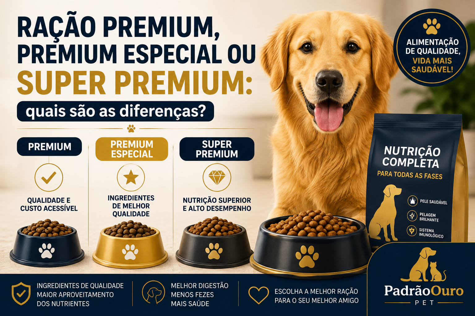 Descubra a diferença entre ração Premium, Premium Especial e Super Premium, saiba qual oferece melhor nutrição para seu cachorro e como fazer a escolha ideal.