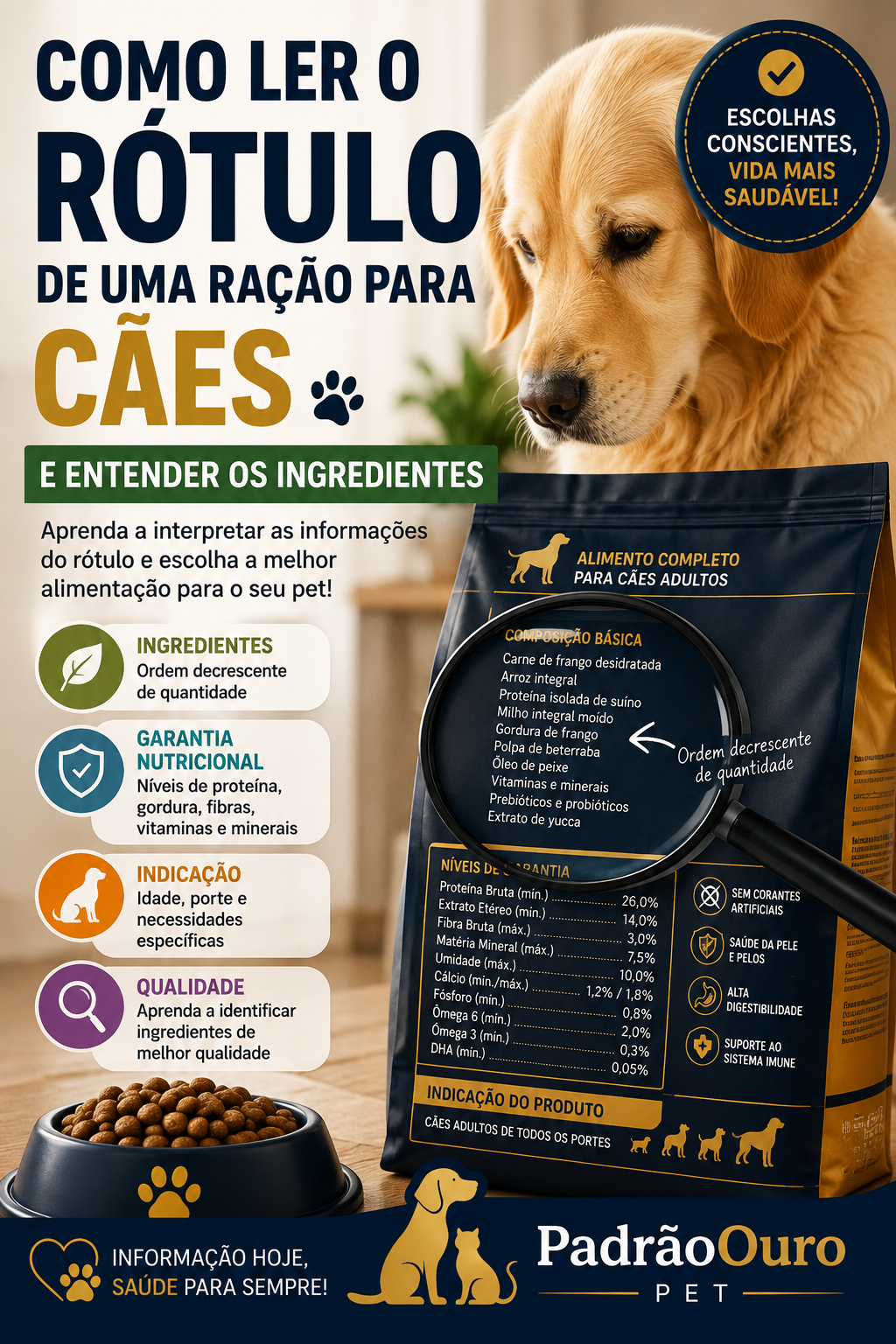 Aprenda como ler o rótulo da ração para cães, entender a lista de ingredientes, a garantia nutricional e escolher um alimento de qualidade para o seu pet.