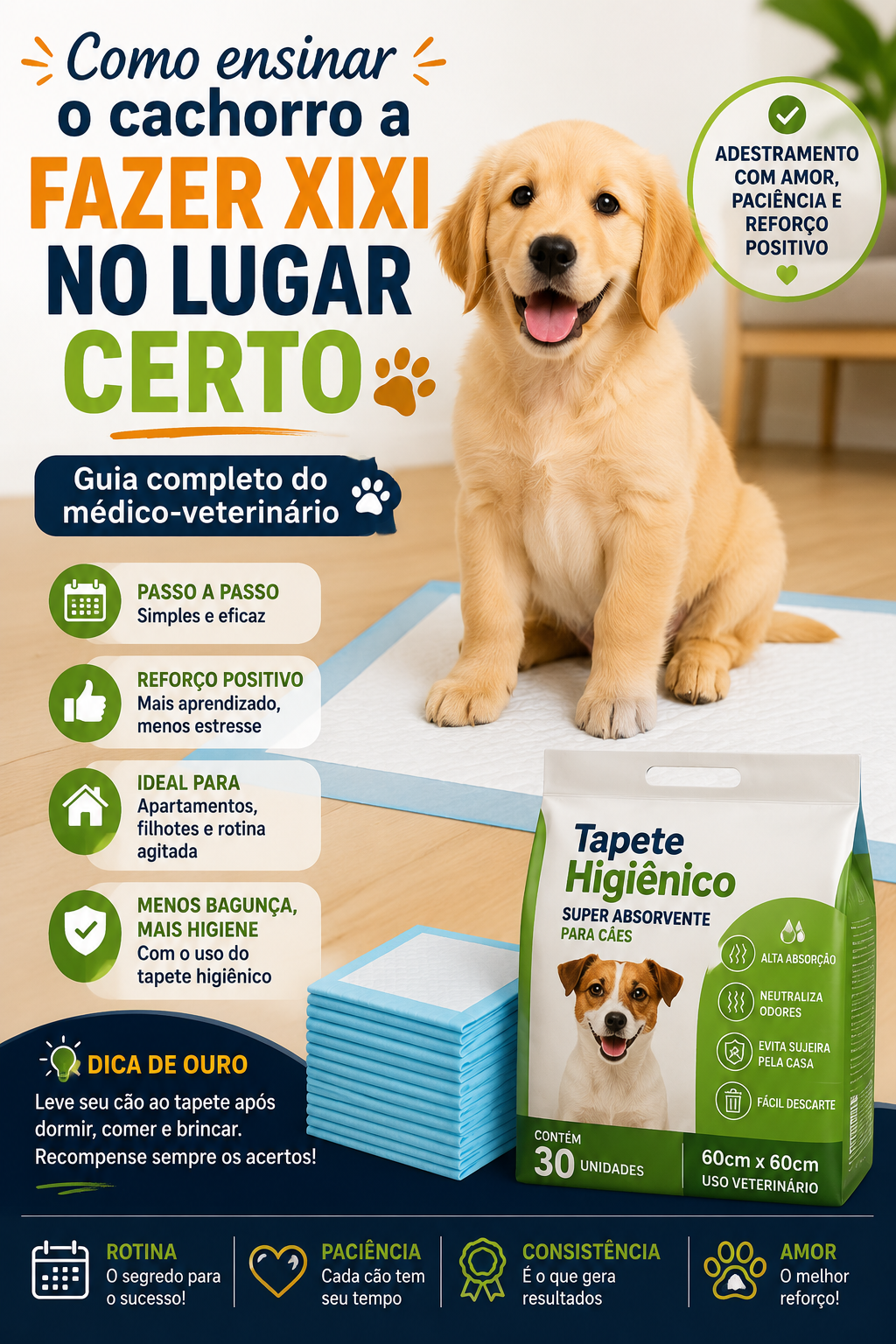 Aprenda como ensinar o cachorro a fazer xixi no lugar certo utilizando reforço positivo, rotina e tapete higiênico para facilitar o treinamento.