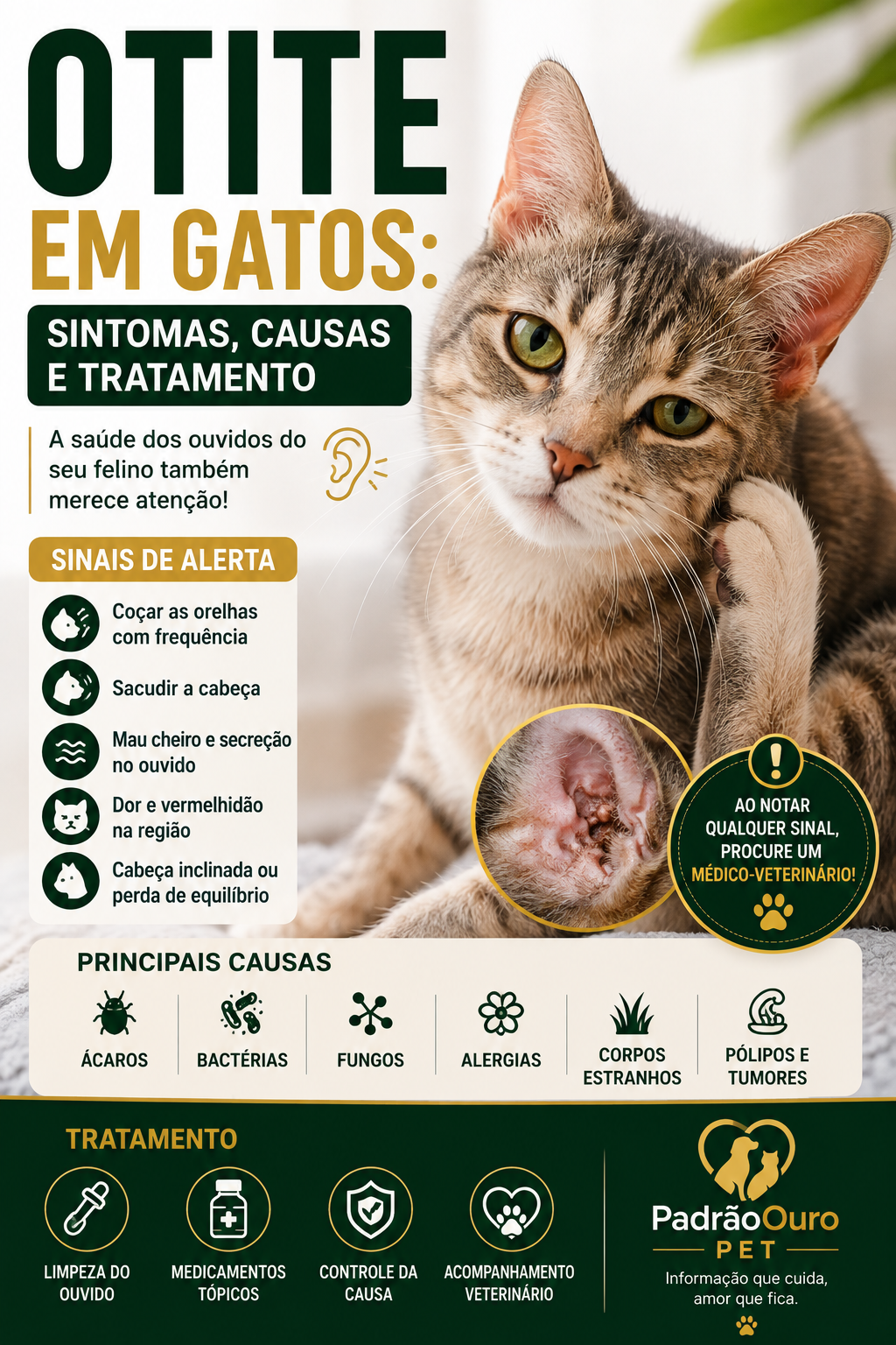 Saiba identificar os sintomas da otite em gatos, conheça as principais causas, formas de tratamento e como prevenir problemas nos ouvidos do seu felino.