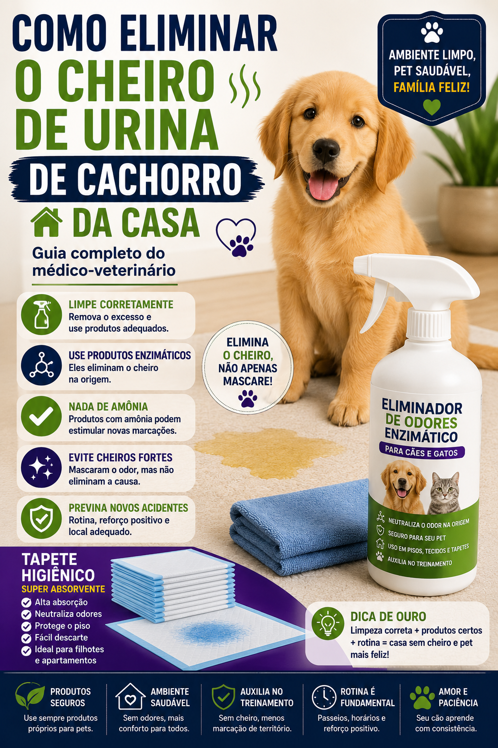 Neste guia elaborado por médico-veterinário, você aprenderá como remover o cheiro de urina, evitar que o cachorro volte a fazer xixi no mesmo lugar e manter sua casa sempre limpa e agradável.